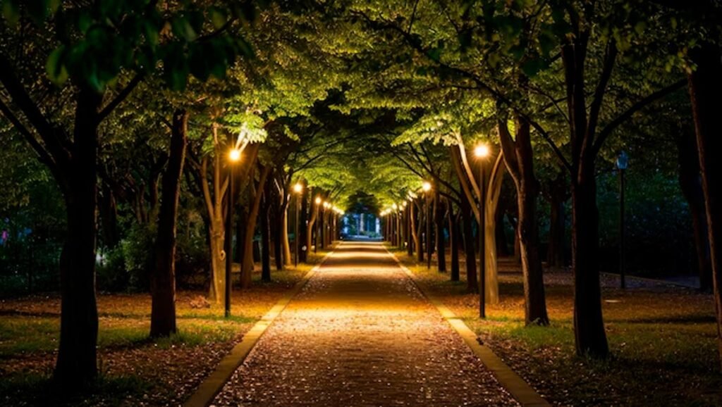 camino iluminado entre árboles