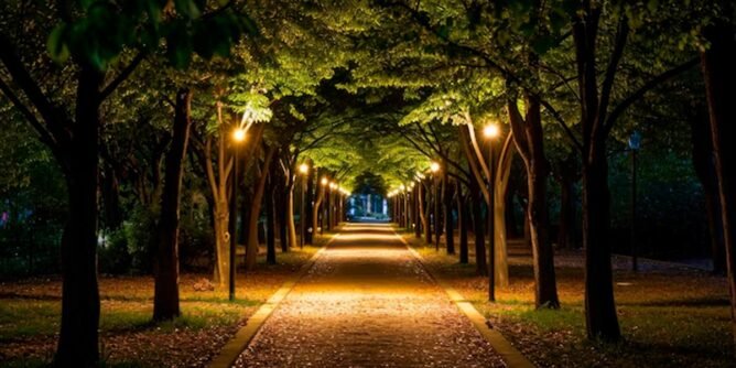 camino iluminado entre árboles