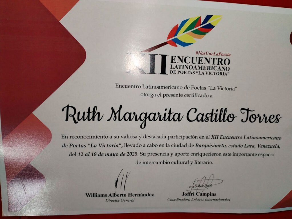 Diploma de la poetisa Ruth Castillo Torres