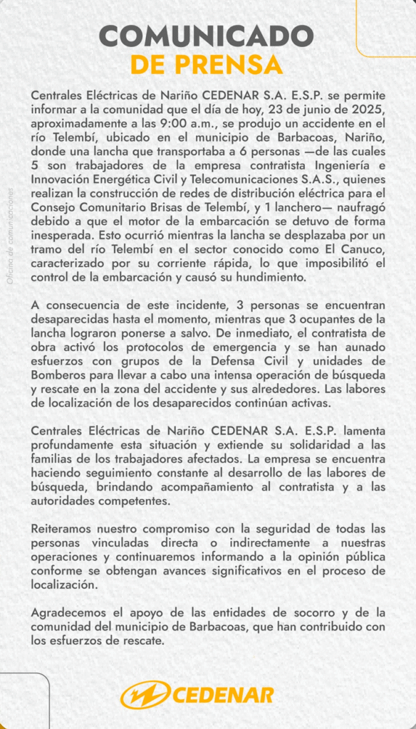 Comunicado sobre 3 desaparecido en el río Telembí, Barbacoas