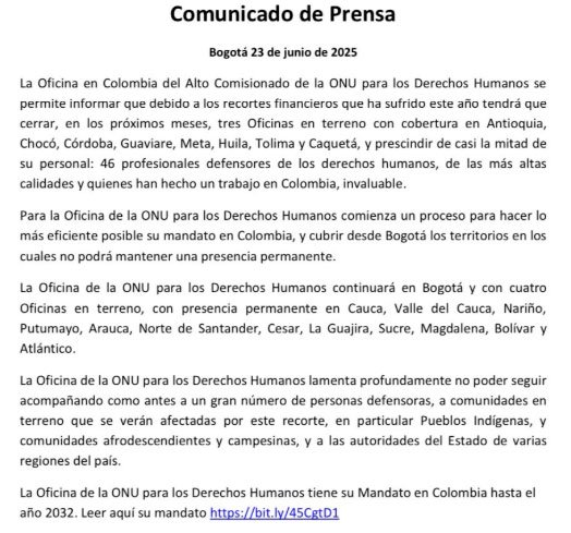 Comunicado ONU sobre oficinas en Colombia