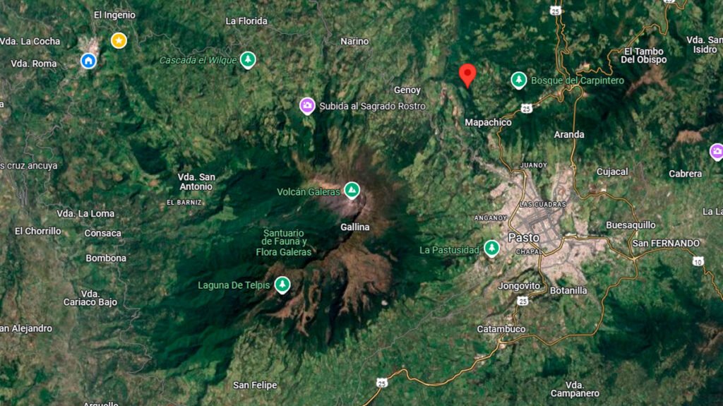 Vista aérea del volcán Galeras y su área de influencia