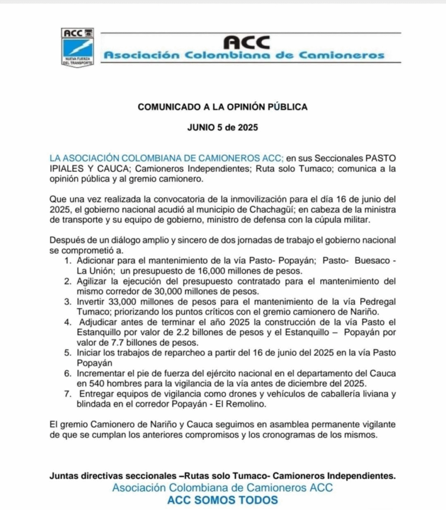 Comunicado del gremio de camioneros