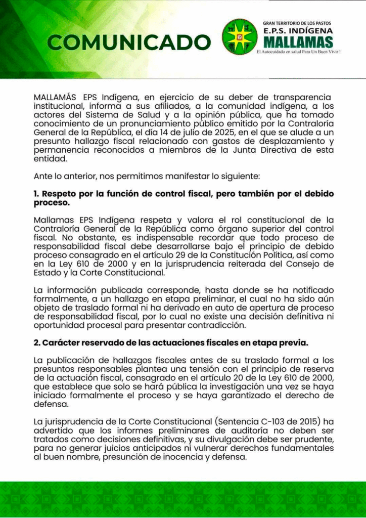 Comunicado de la EPS Mallamás
