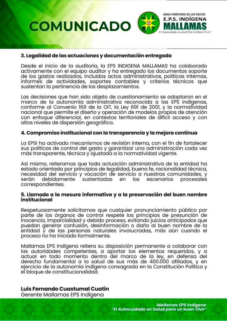 Comunicado de la EPS Mallamás