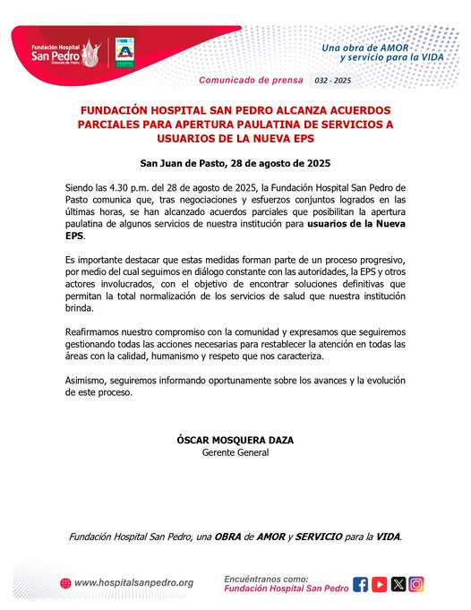 Comunicado Hospital San Pedro sobre restablecimiento de servicios