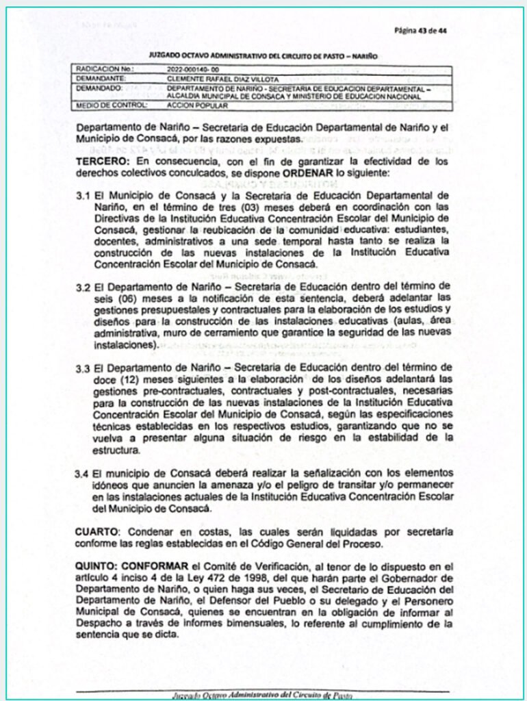 Orden del Juzgado Octavo Administrativo de Pasto