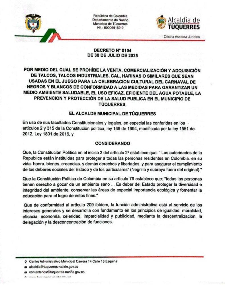 Prohibición del uso de talco en Túquerres para carnavales