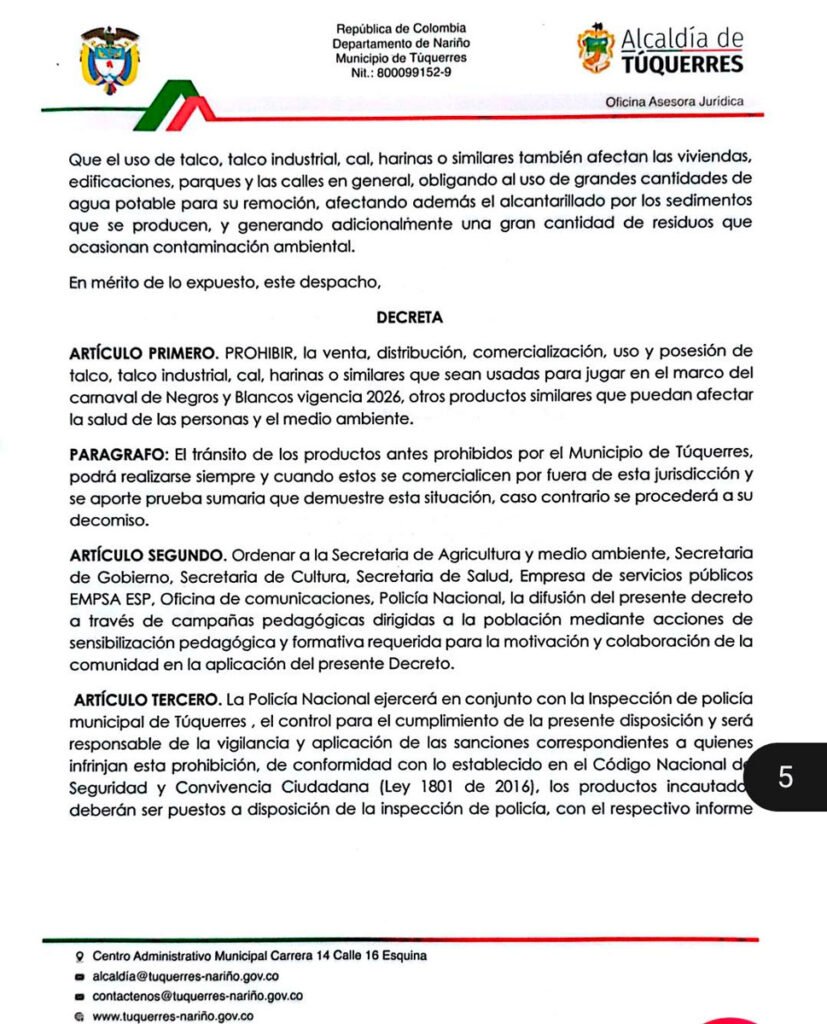 Prohibición del uso de talco en Túquerres para carnavales