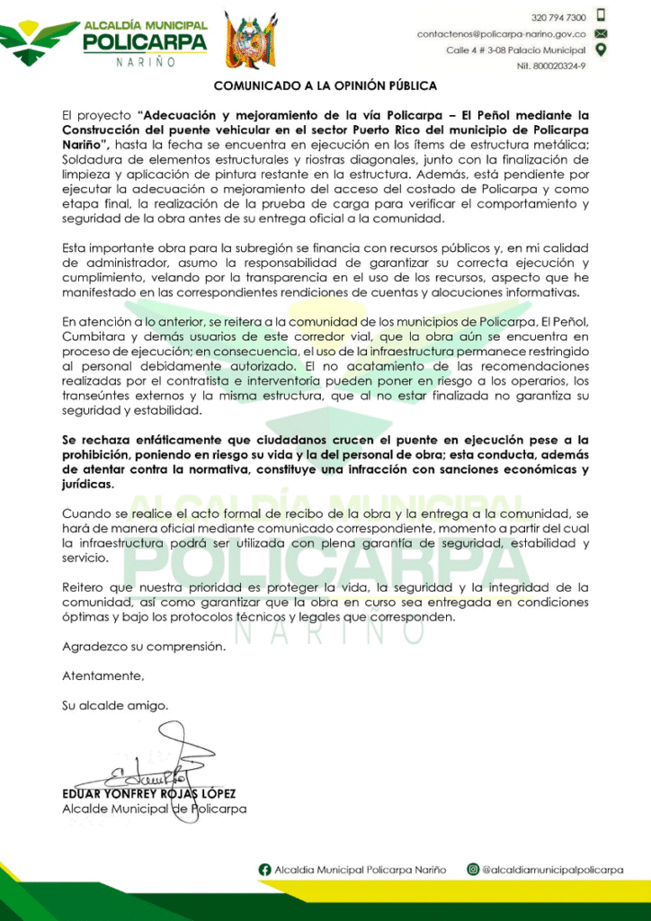 Comunicado del alcalde de Policarpa sobre el Puente Puerto Rico