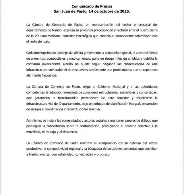 Comunicado Cámara de Comercio de Pasto