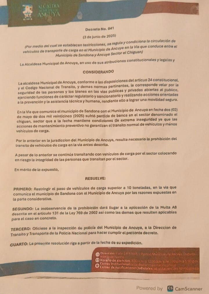 Decreto de restricción vehicular Ancuya