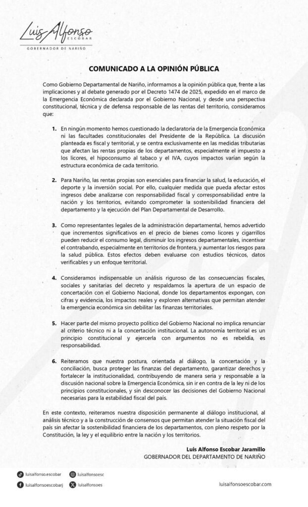 Comunicado gobernador de Nariño