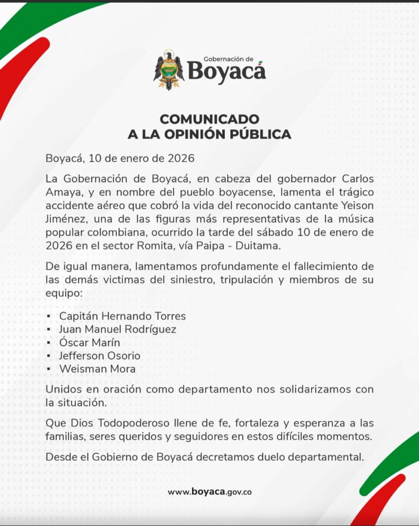 Comunicado sobre la muerte del cantante Yeison Jiménez