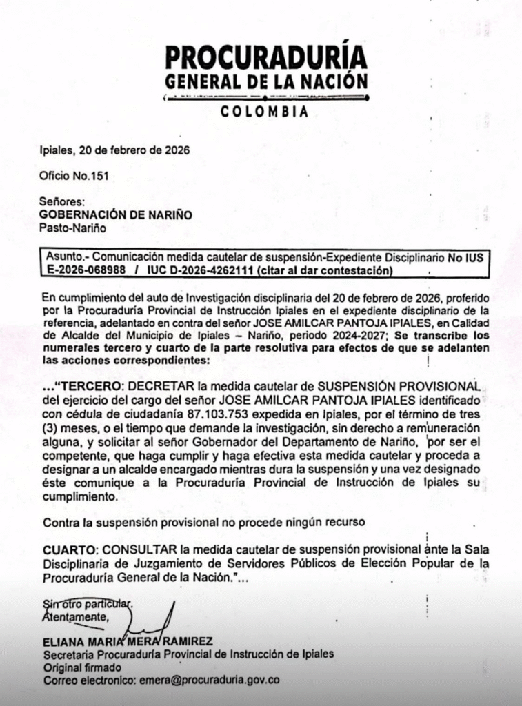 Suspensión del alcalde de Ipiales Amilcar Pantoja