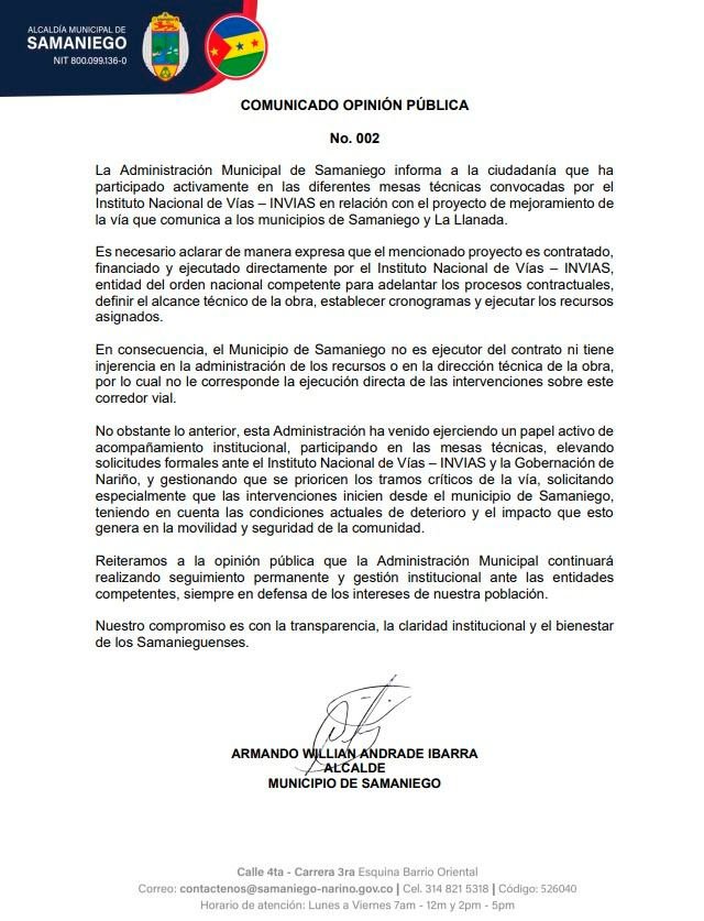 Comunicado alcalde Samaniego sobre proyecto Samaniego - La Llanada