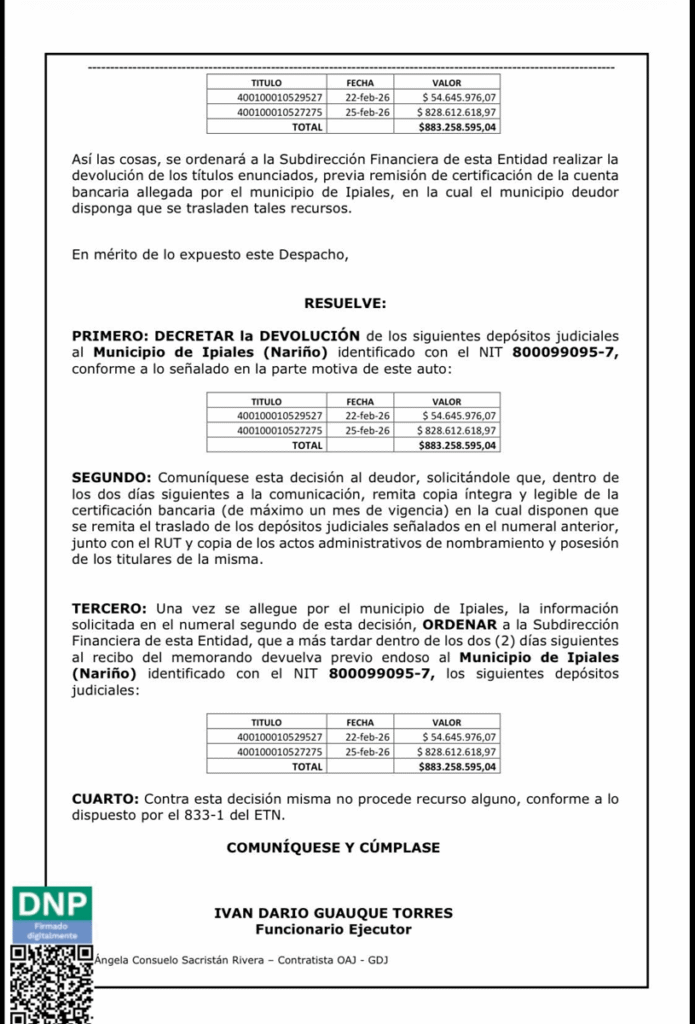 Devolución de recursos a Ipiales