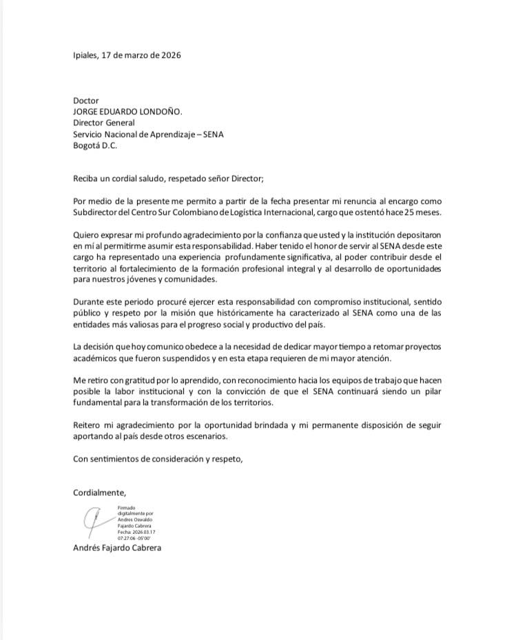 Carta de renuncia de Andrés Fajardo Cabrera