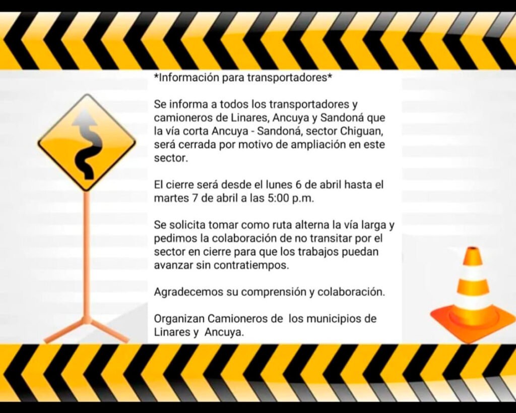 Cierre de la vía Ancuya - Sandoná por ampliación del sector de El Chiguán