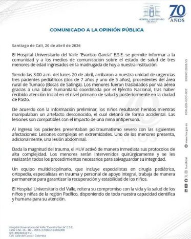 Comunicado Hospital Universitario del Valle sobre niños de Nariño