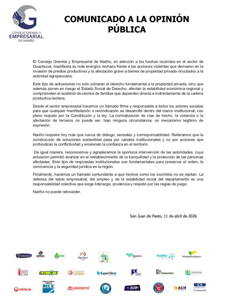 Comunicado del Consejo Gremial y Empresarial de Nariño