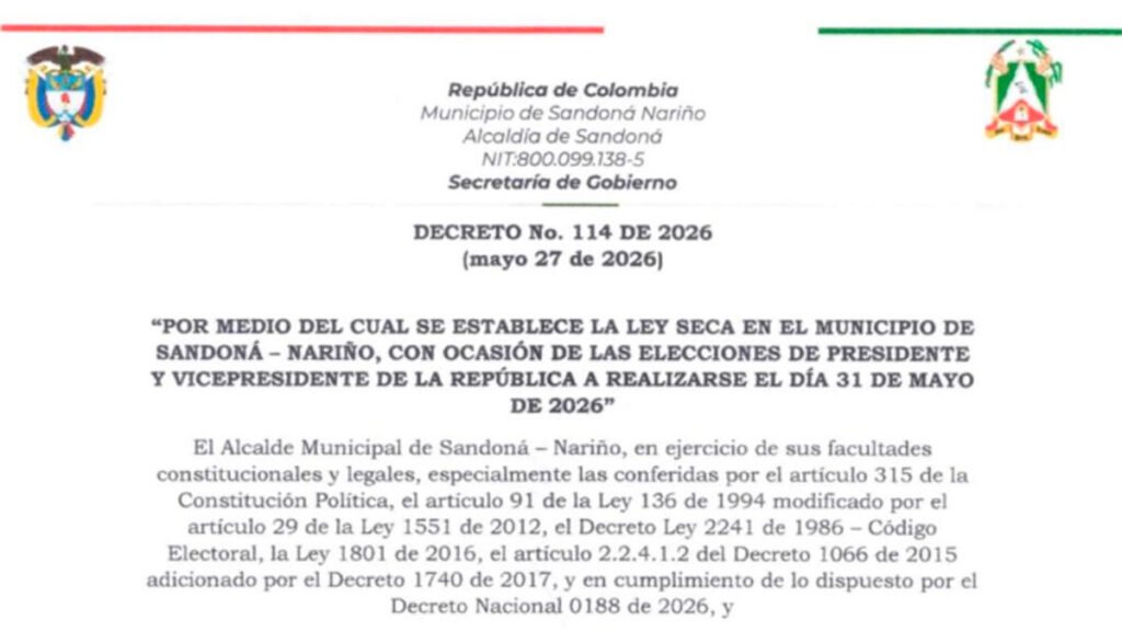 Decreto de ley seca en Sandoná
