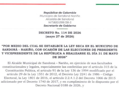 Decreto de ley seca en Sandoná
