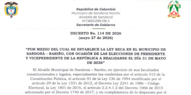 Decreto de ley seca en Sandoná