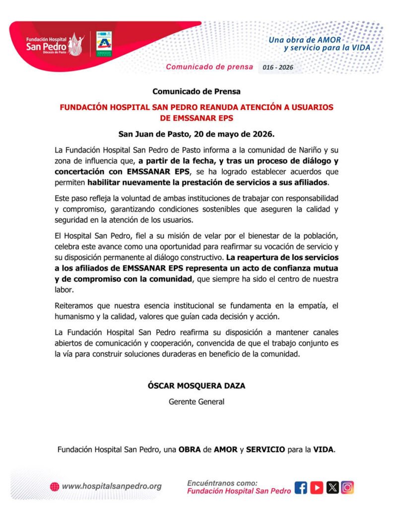 Reanudación de atención a afiliados a Emsannar en el Hospital San Pedro de Pasto