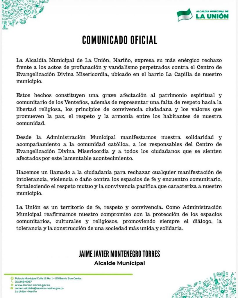 Comunicado Alcaldía de La Unión por profanación de templo