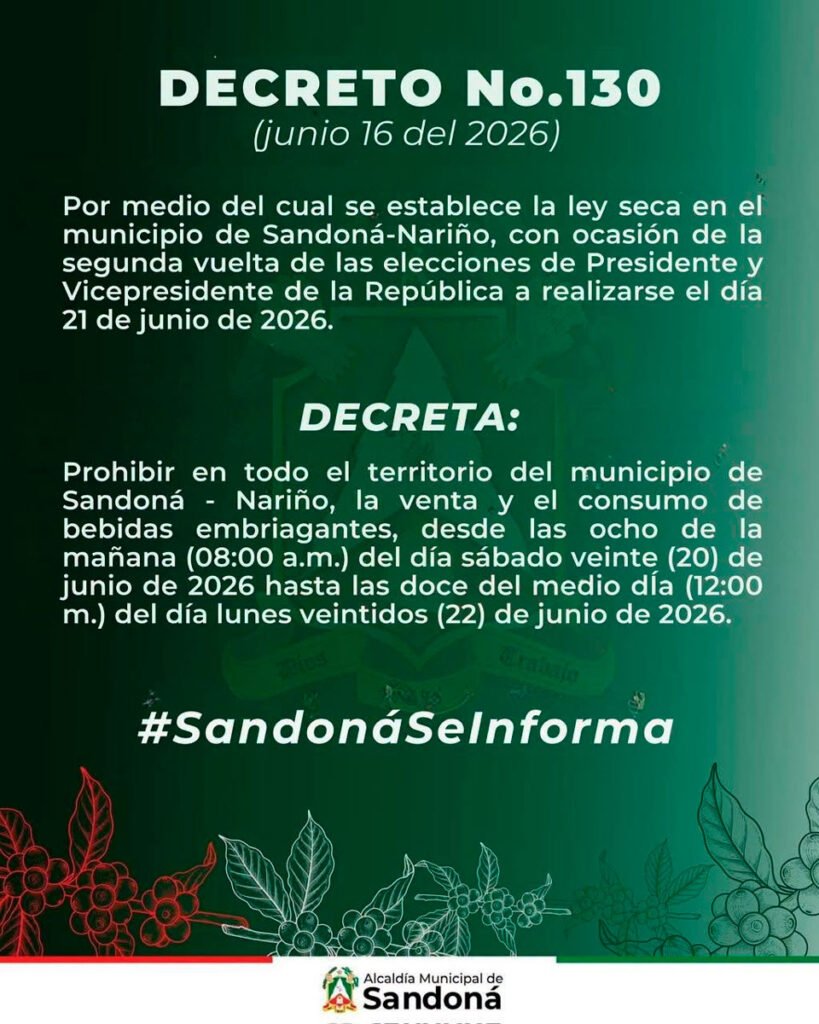 Decreto de ley seca en Sandoná