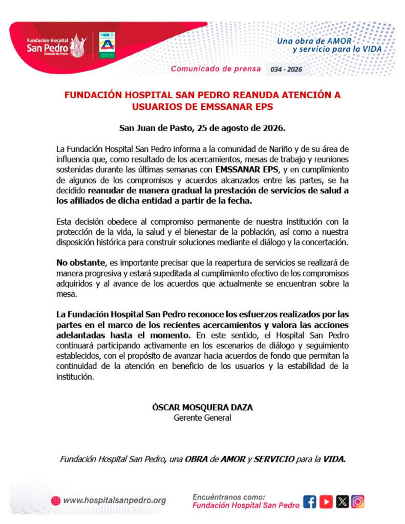 Comunicado Hospital San Pedro Emssanar