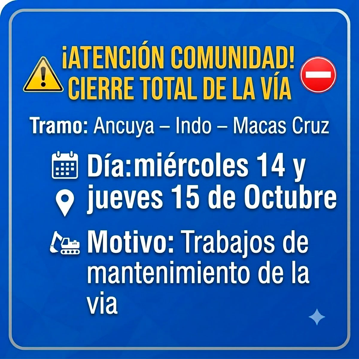 Aviso de mantenimiento de vía de Ancuya