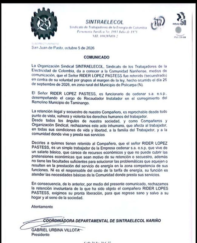 Comunicado de Sintraelecol