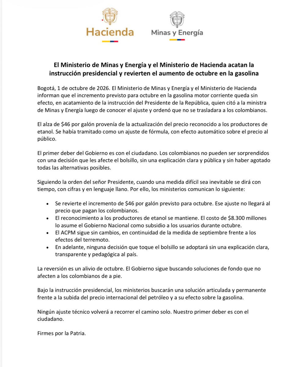 Gobierno reversó el aumento de $46 en el precio de la gasolina para octubre